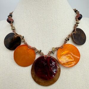 Large Shell Discs Necklace Knotted Cord Earth Tones Brown Boho Statement Natural